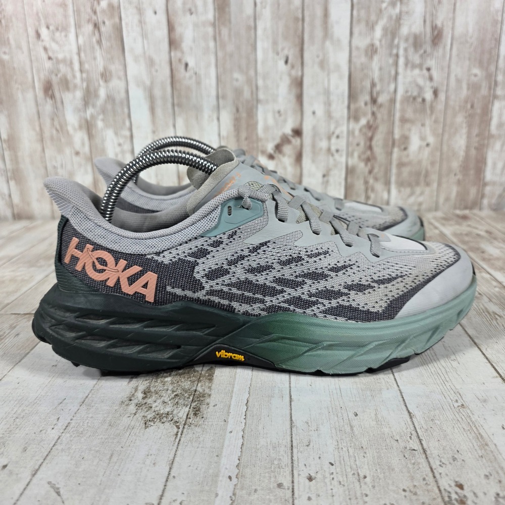 Hoka Speedgoat 5 Womens Trail Running Shoes Grey Green Peach Vibram Size 9B